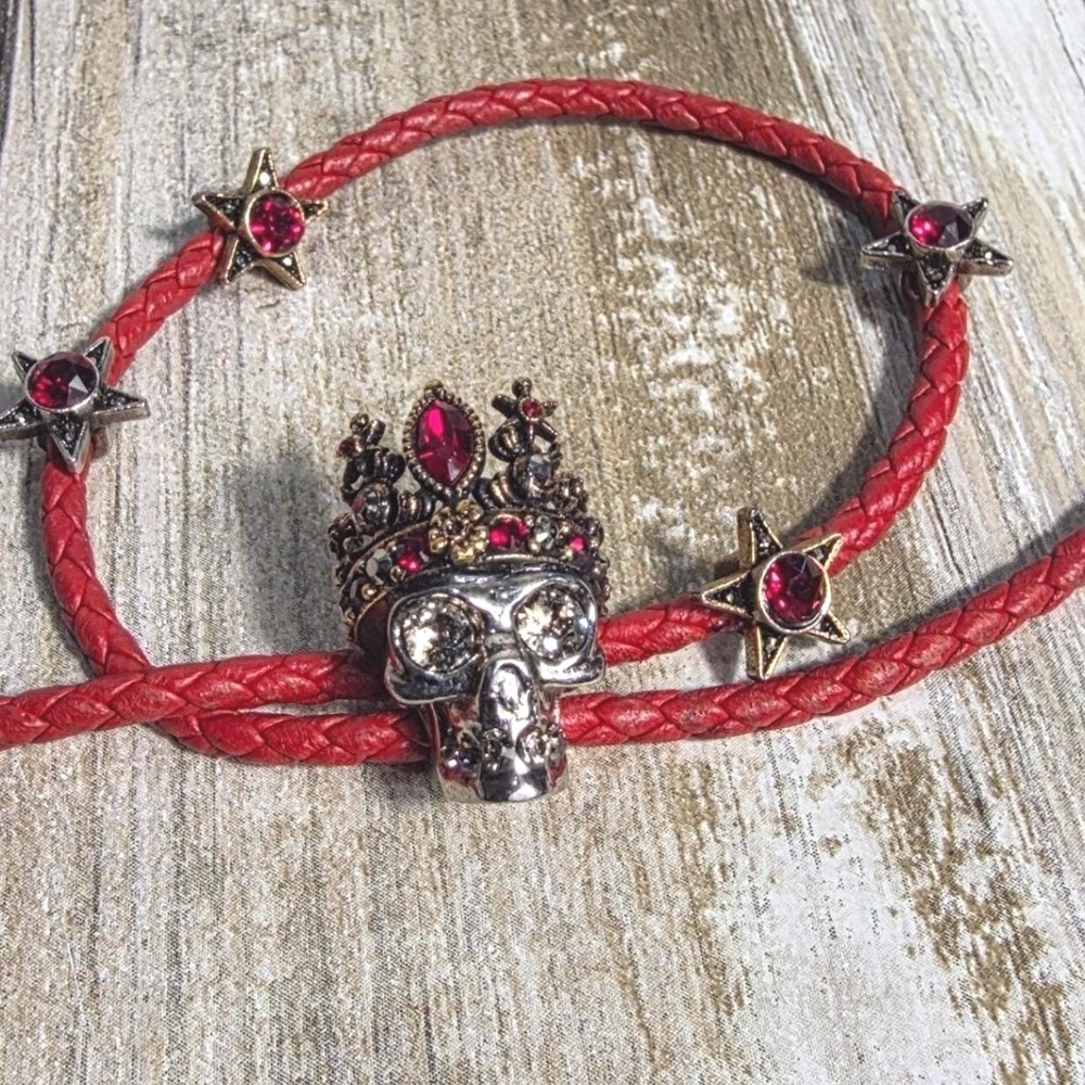 Alexander McQueen Red Braided Leather Skull Crown Star Wrap Bracelet Made Italy - Picture 9 of 11
